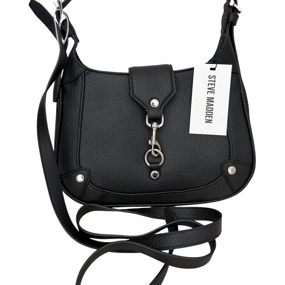 Steve Madden Tully Crescent-Shaped Black Crossbody Bag with Silver Hardware